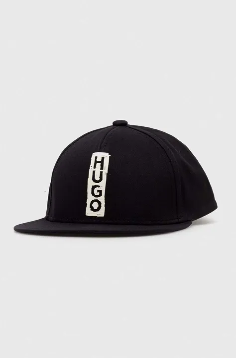 HUGO czapka z daszkiem bawełniana kolor czarny z nadrukiem