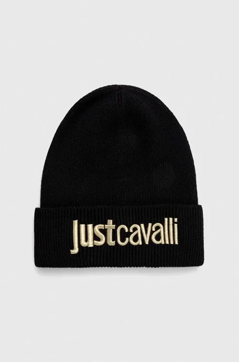 Just Cavalli czapka z domieszką wełny kolor czarny z cienkiej dzianiny