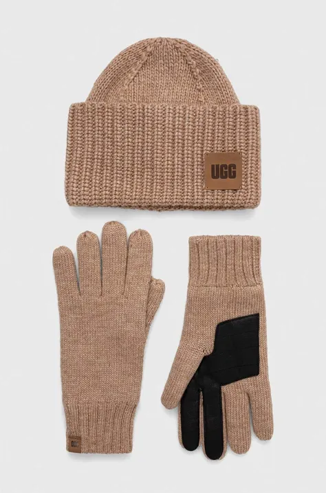 Kapa i rukavice s dodatkom vune UGG boja: smeđa