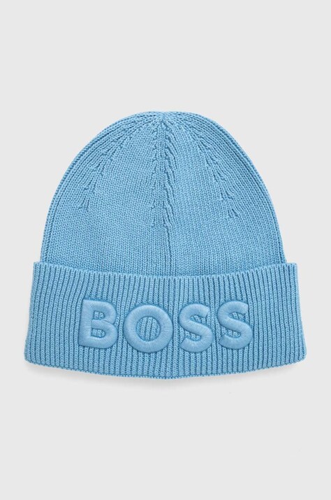 Шапка с вълна BOSS ORANGE в синьо от плътен трикотаж
