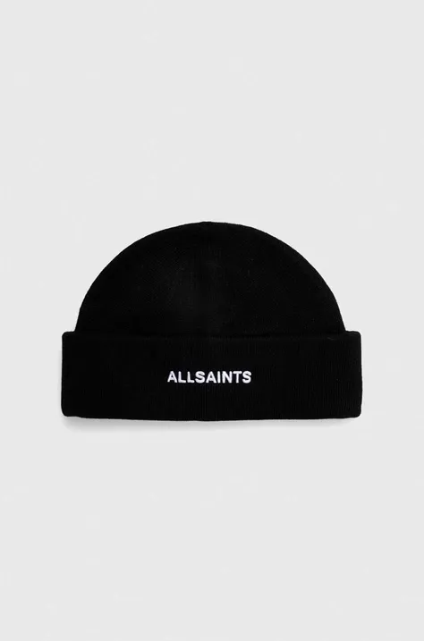 AllSaints czapka z domieszką wełny kolor czarny z grubej dzianiny