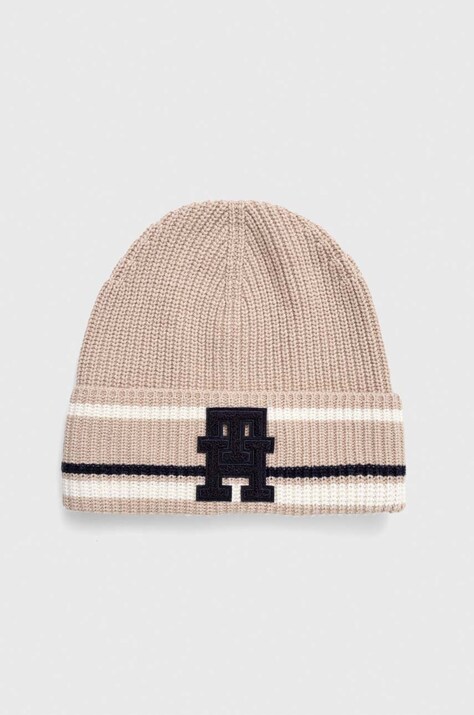 Шапка с кашмир Tommy Hilfiger в бежово с фина плетка