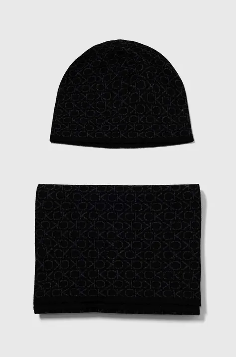 Kapa in šal s primesjo volne Calvin Klein črna barva