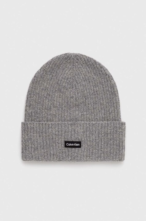 Шерстяная шапка Calvin Klein цвет серый шерсть