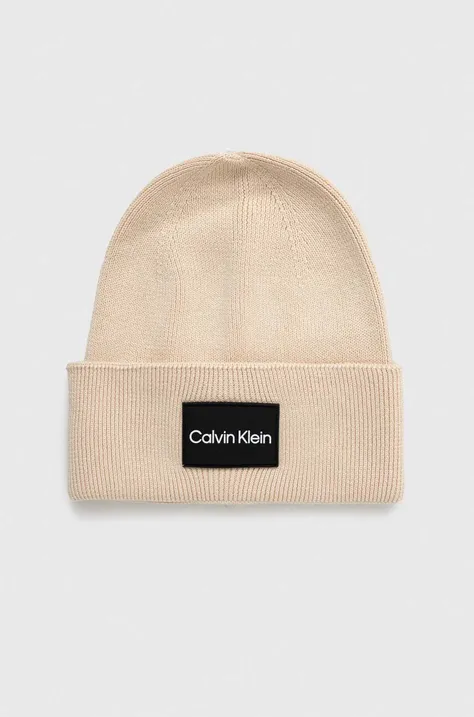 Calvin Klein czapka bawełniana kolor beżowy z cienkiej dzianiny bawełniana