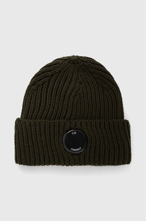 Vlnená čiapka C.P. Company Extrafine Merino Wool Lens Beanie 15CMAC272A005509A, zelená farba, z hrubej pleteniny, vlnená