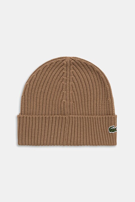 Lacoste czapka wełniana kolor brązowy z cienkiej dzianiny wełniana RB0001