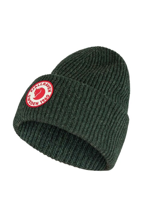 Вовняна шапка Fjallraven 1967 Logo колір зелений з товстого трикотажу вовна