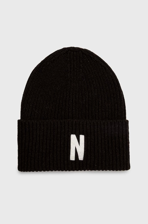 Čepice Norse Projects Merino Lambswool Rib N Logo Beanie hnědá barva, N95.0953.1037