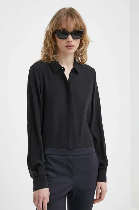 Hedvábné tričko Bruuns Bazaar černá barva, regular, s klasickým límcem