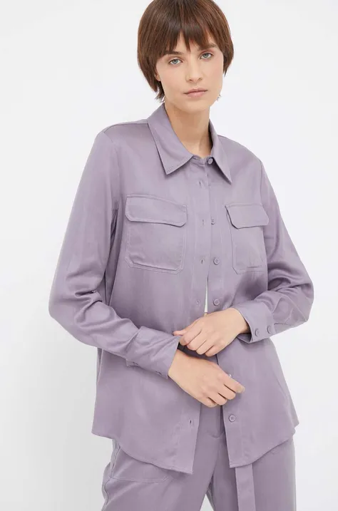 Риза Calvin Klein дамска в лилаво със стандартна кройка с класическа яка