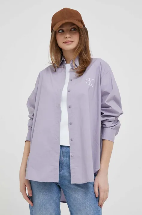 Bavlnená košeľa Calvin Klein Jeans dámska, fialová farba, voľný strih, s klasickým golierom