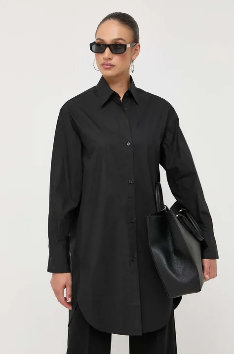 Bavlnená košeľa BOSS dámska, čierna farba, voľný strih, s klasickým golierom