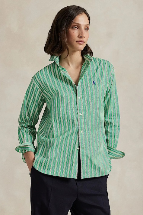 Bavlněná košile Polo Ralph Lauren dámská, zelená barva, relaxed, s klasickým límcem, 211910743