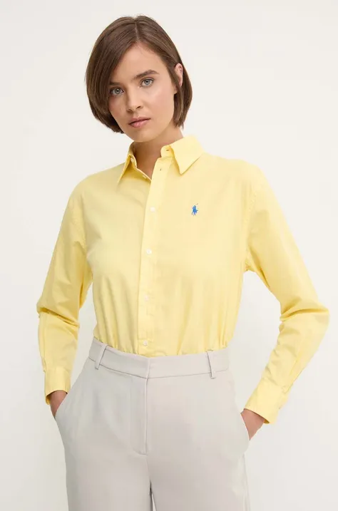 Памучна риза Polo Ralph Lauren дамска в жълто със свободна кройка с класическа яка 211916277