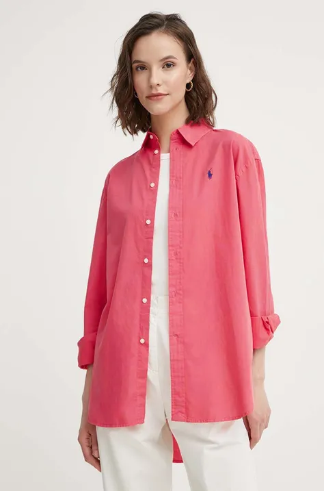 Bavlnená košeľa Polo Ralph Lauren dámska,červená farba,voľný strih,s klasickým golierom,211916277