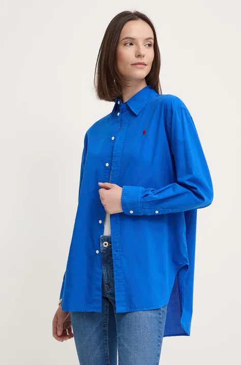 Памучна риза Polo Ralph Lauren дамска в синьо със свободна кройка с класическа яка 211916277