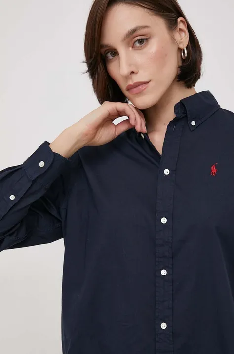 Pamučna košulja Polo Ralph Lauren za žene, boja: tamno plava, relaxed, s klasičnim ovratnikom, 211916277
