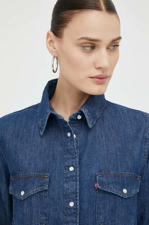 Levi's koszula jeansowa damska kolor granatowy regular z kołnierzykiem klasycznym