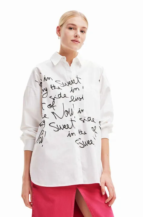 Košulja s dodatkom lana Desigual boja: bijela, relaxed, s klasičnim ovratnikom