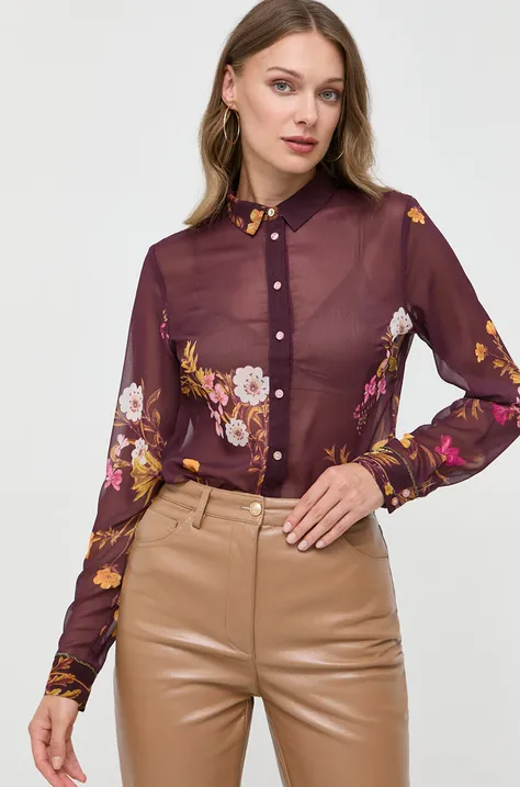 Košulja Guess za žene, boja: bordo, regular, s klasičnim ovratnikom