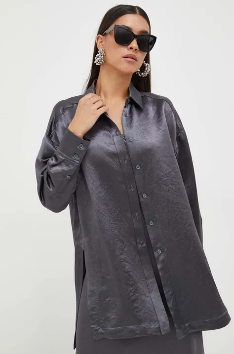 Košulja Max Mara Leisure za žene, boja: siva, relaxed, s klasičnim ovratnikom