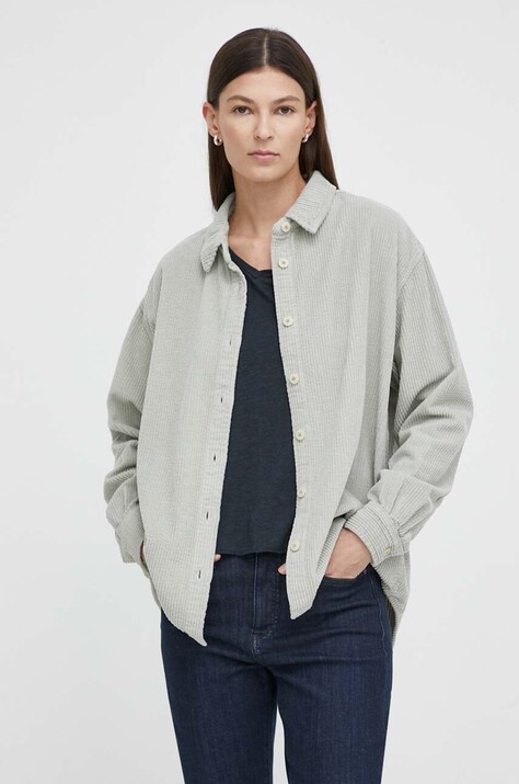 Памучна риза American Vintage дамска в тюркоазено със свободна кройка с класическа яка