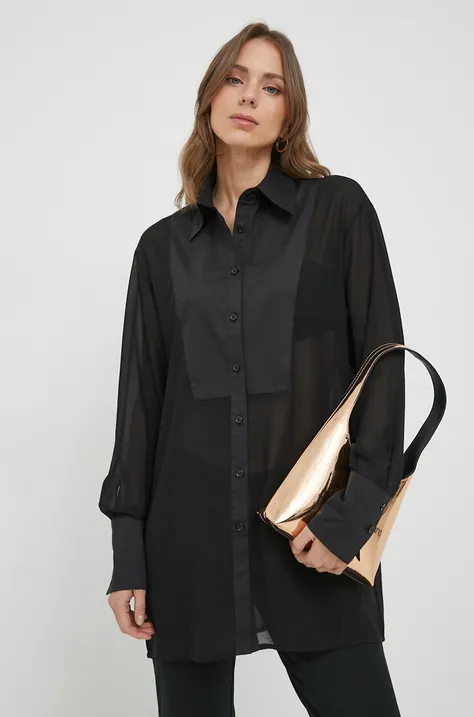 Košeľa Sisley dámska, čierna farba, regular, s klasickým golierom