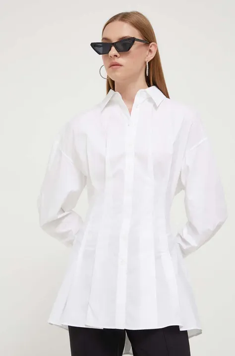 Памучна риза HUGO дамска в бяло с кройка по тялото с класическа яка