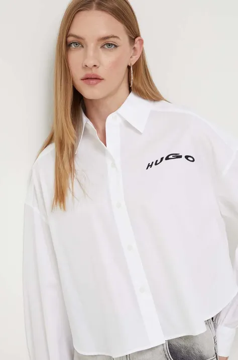 Хлопковая рубашка HUGO женская цвет белый relaxed классический воротник