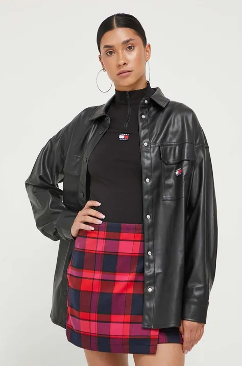 Košeľa Tommy Jeans dámska,čierna farba,voľný strih,s klasickým golierom,DW0DW16421