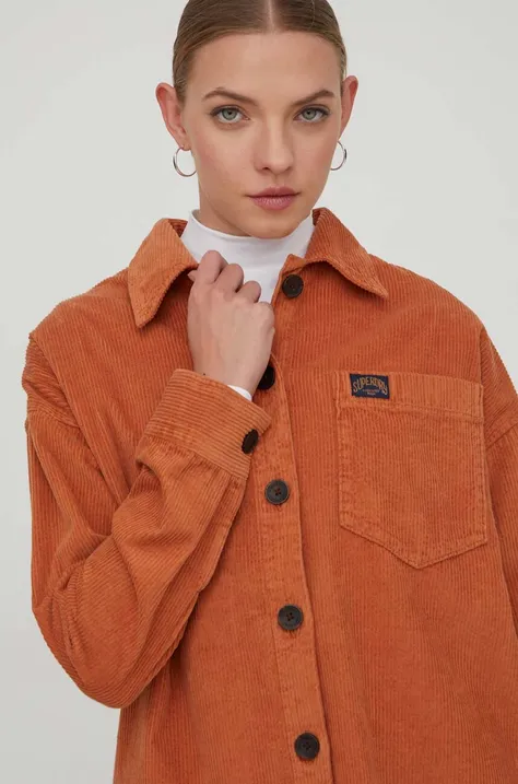Manšestrová košeľa Superdry oranžová farba, voľný strih, s klasickým golierom