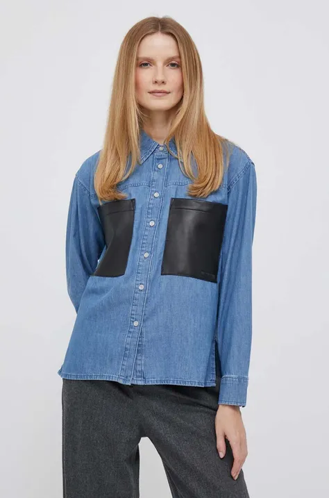Дънкова риза Dkny дамска в синьо със свободна кройка с класическа яка