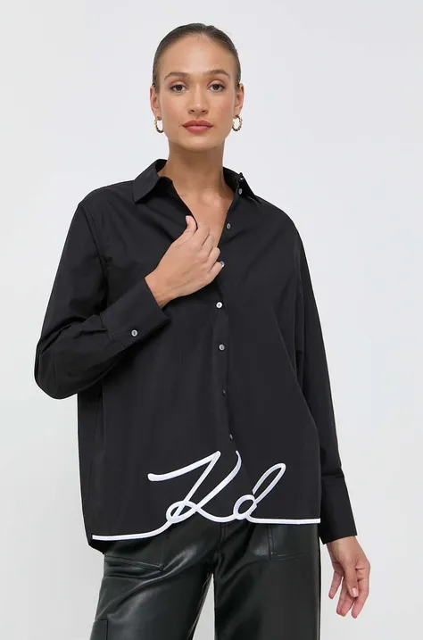 Bavlnená košeľa Karl Lagerfeld dámska, čierna farba, voľný strih, s klasickým golierom