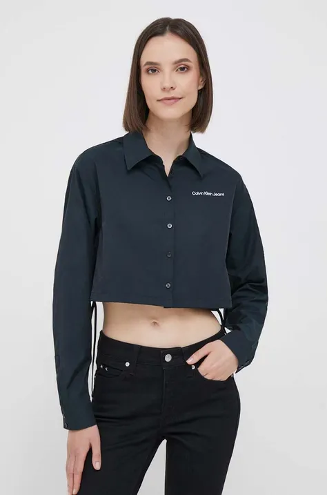 Calvin Klein Jeans camasa femei, culoarea negru, cu guler clasic, relaxed