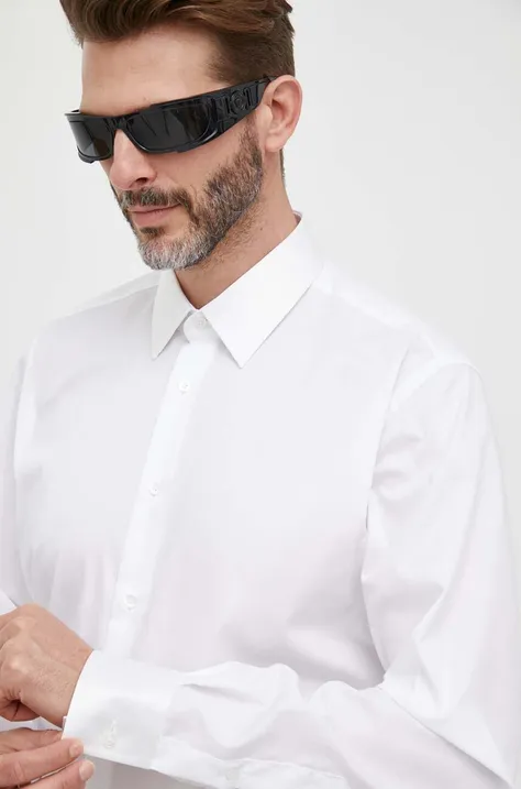 Βαμβακερό πουκάμισο Karl Lagerfeld ανδρικό, χρώμα: άσπρο