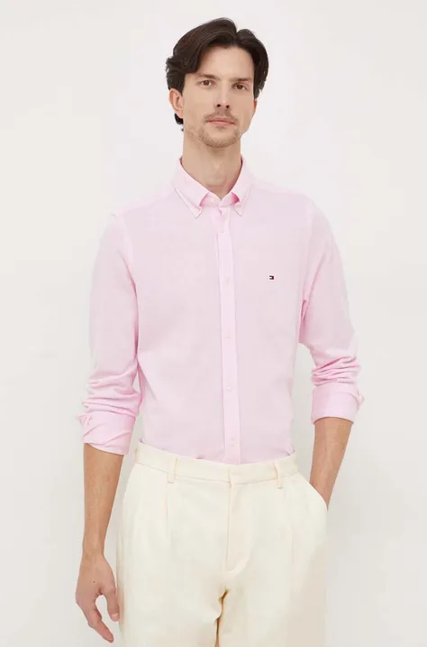 Tommy Hilfiger koszula bawełniana męska kolor różowy slim z kołnierzykiem button-down