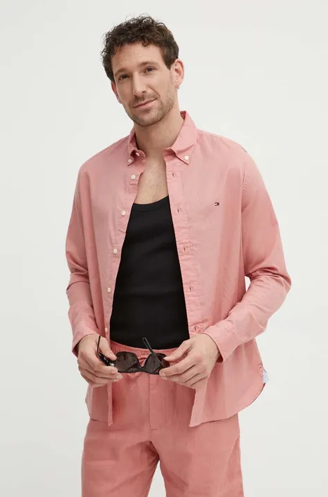 Bavlnená košeľa Tommy Hilfiger pánska, ružová farba, regular, s golierom button-down