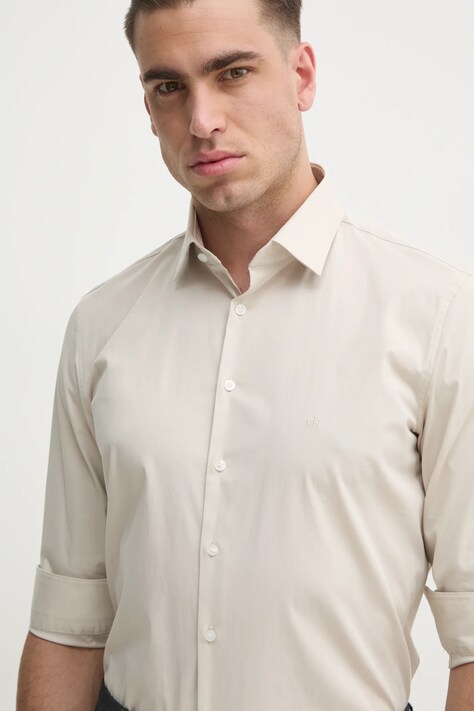 Košile Calvin Klein pánská, béžová barva, slim, s klasickým límcem, K10K108229