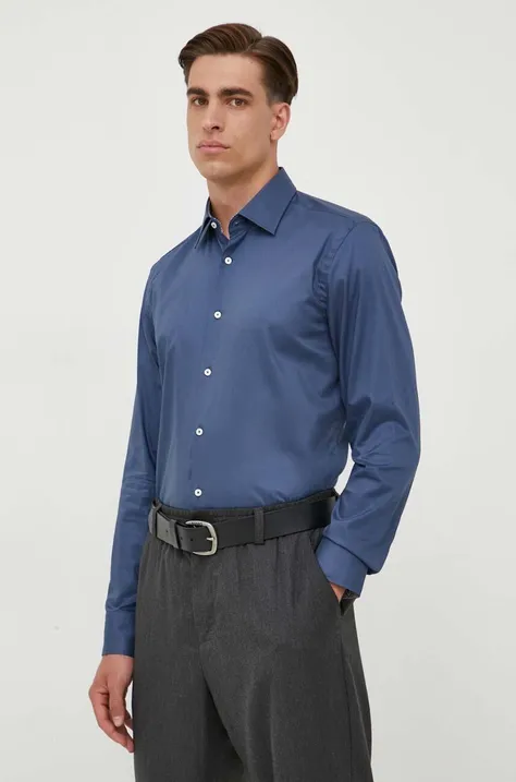 BOSS koszula bawełniana męska kolor niebieski slim z kołnierzykiem klasycznym