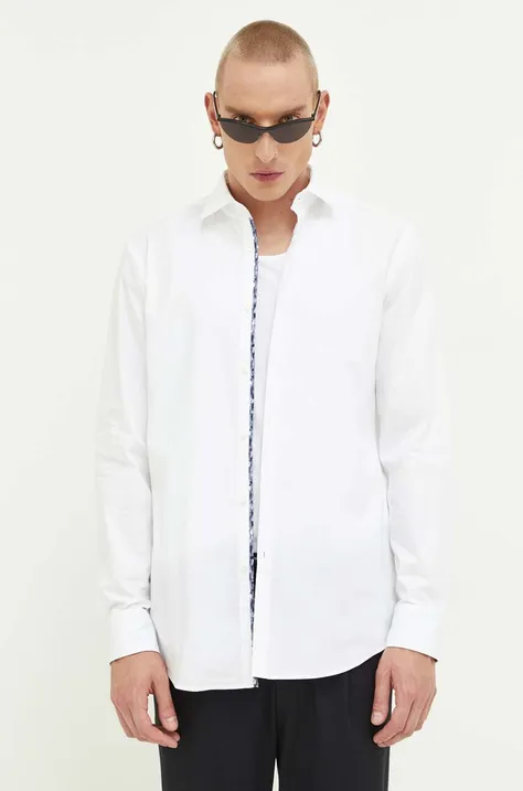 Бавовняна сорочка HUGO чоловіча колір білий slim з італійським коміром