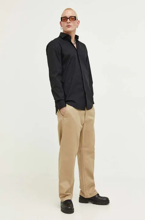 HUGO koszula bawełniana męska kolor czarny slim