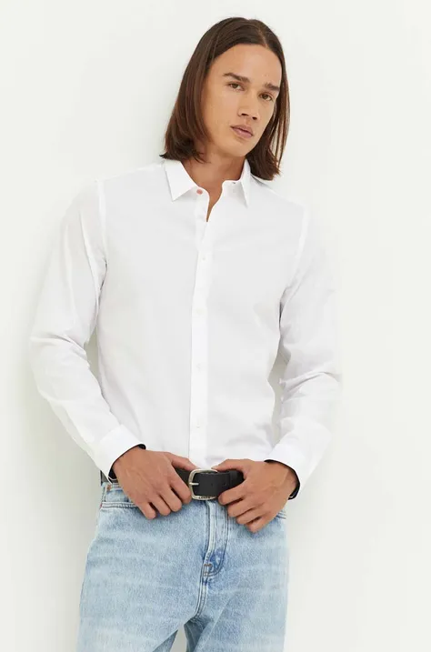 Риза PS Paul Smith мъжка в бяло с кройка по тялото с класическа яка