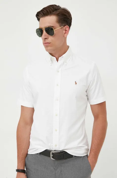 Bavlnená košeľa Polo Ralph Lauren pánska, biela farba, regular, s golierom button-down