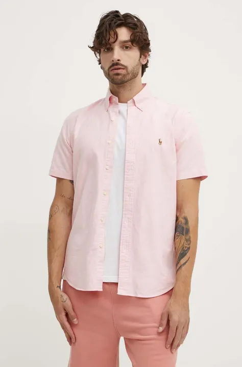 Polo Ralph Lauren camasa din bumbac barbati, culoarea roz, cu guler button-down, regular