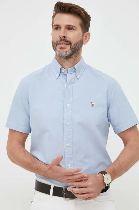 Памучна риза Polo Ralph Lauren мъжка в синьо със стандартна кройка с яка с копче