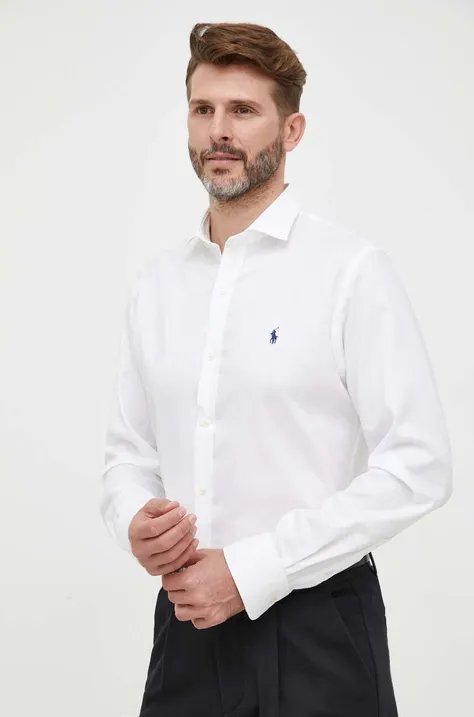 Polo Ralph Lauren koszula bawełniana męska kolor biały slim z kołnierzykiem włoskim