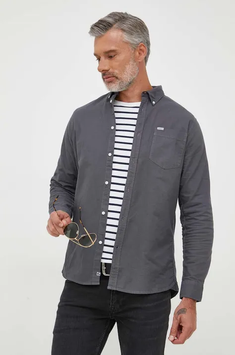 Памучна риза Pepe Jeans мъжка в сиво със стандартна кройка с яка с копче