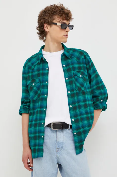 Βαμβακερό πουκάμισο Levi's ανδρικό, χρώμα: πράσινο