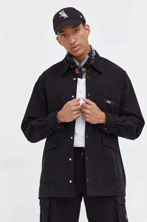 Bavlnená košeľa GCDS pánska, čierna farba, voľný strih, s klasickým golierom